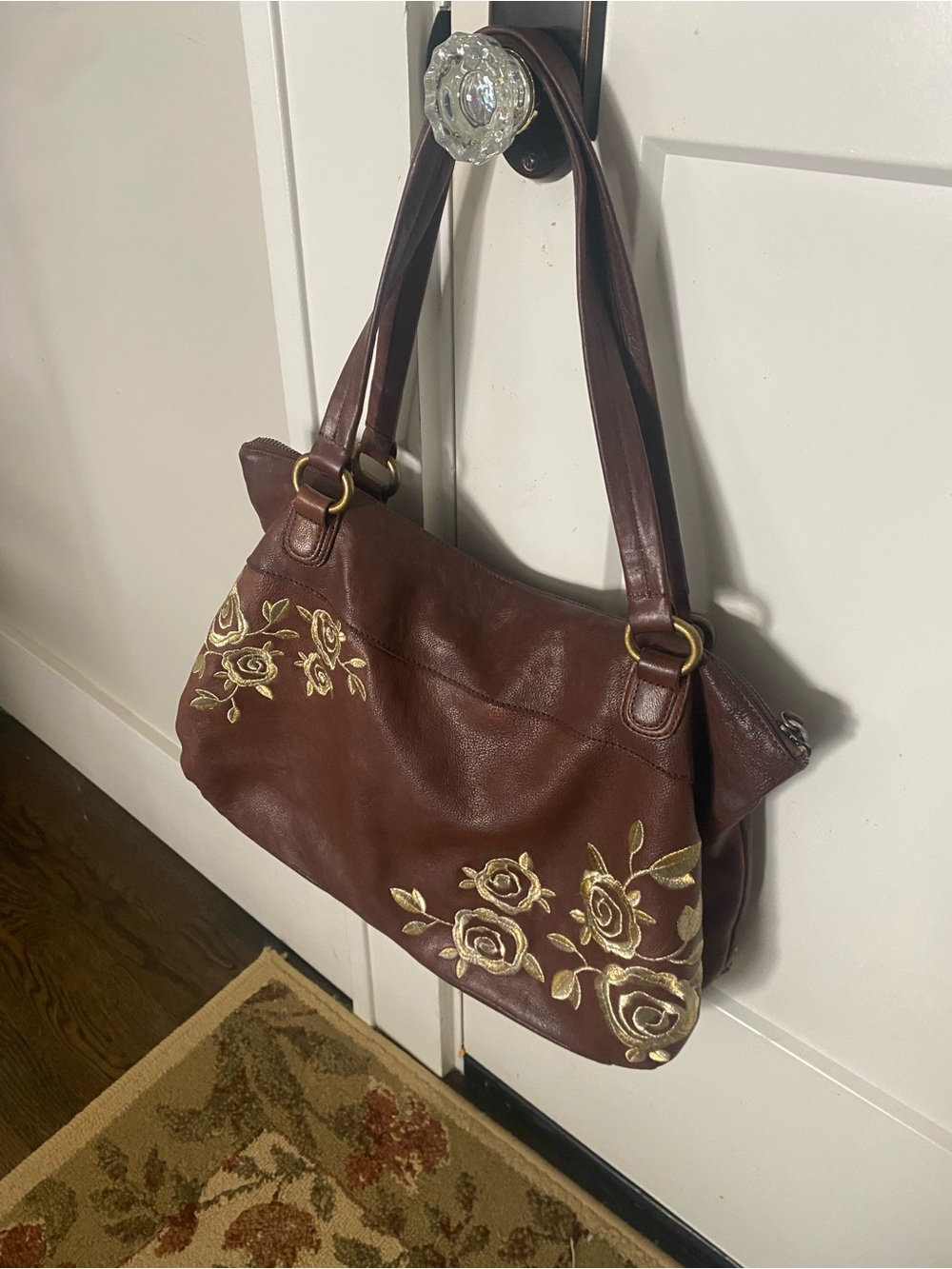 Anthropologie Brown Leather Shoulder Bag with Cream Floral Embroidery